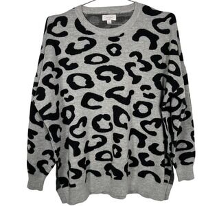 Mud Pie Leopard Print Oversized Crew Neck Sweater Gray Large